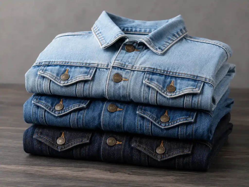Premium denim jackets stacked for apparel display