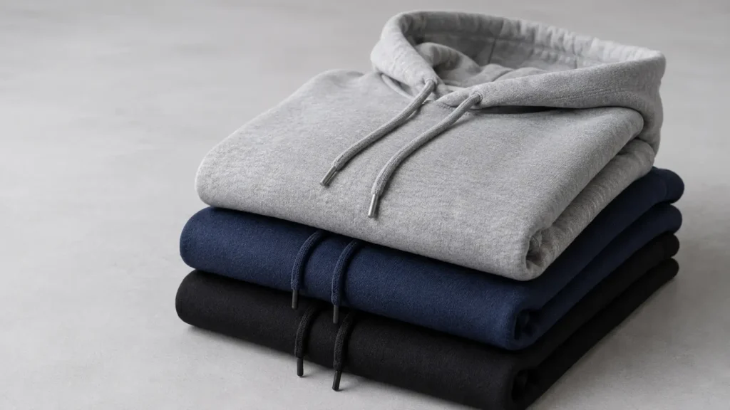 Premium cotton hoodies in gray, navy, and black folded neatly