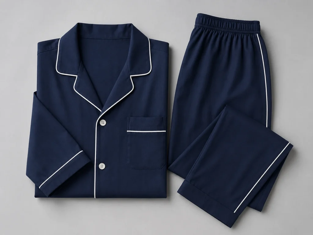 Premium men's navy blue cotton pajama set with matching pants and white piping