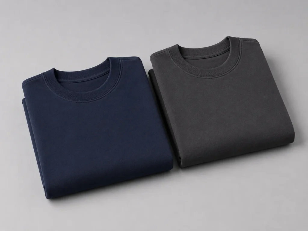 Premium navy and charcoal crew neck T-shirts folded neatly