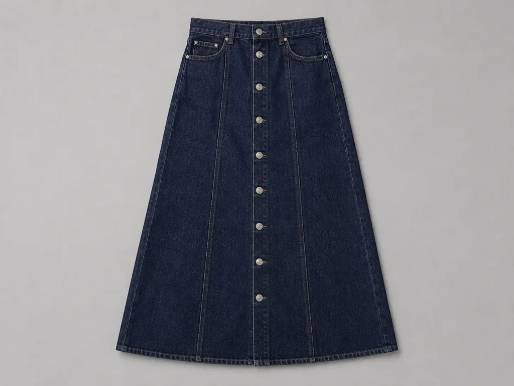 Dark wash button-front denim maxi skirt