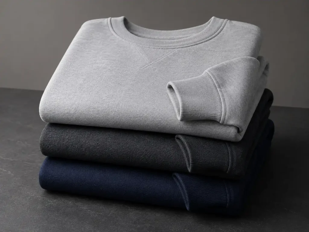 Premium cotton crewneck sweatshirts in gray, charcoal, and navy folded neatly