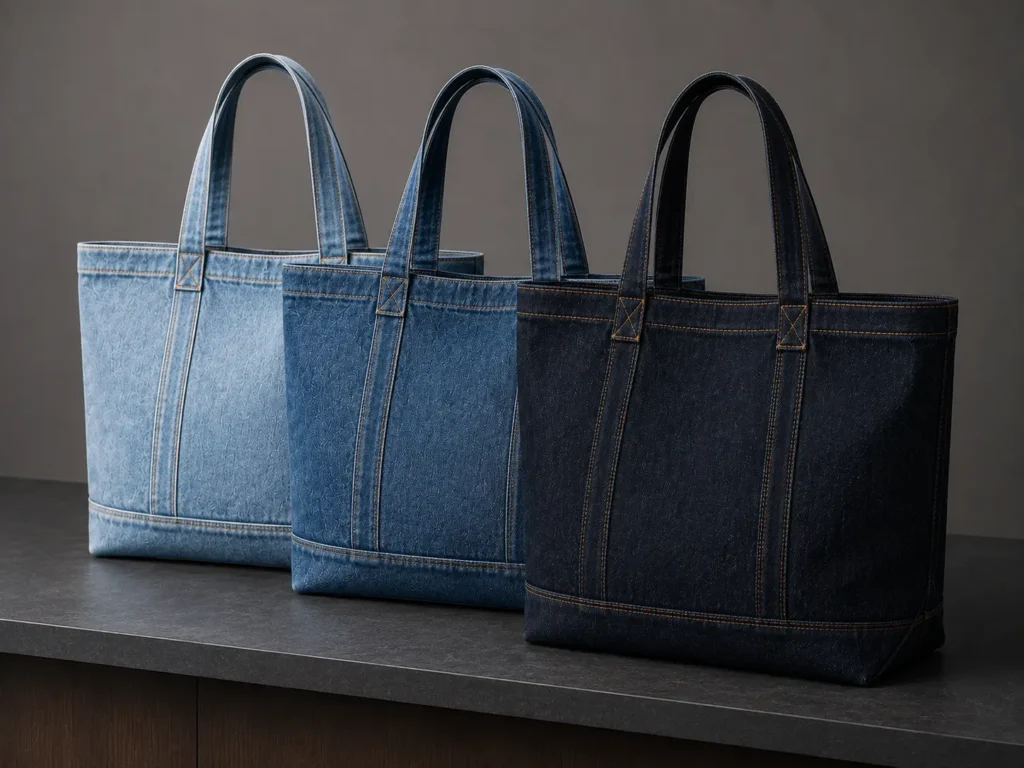 Denim tote bags in light, medium, and dark blue