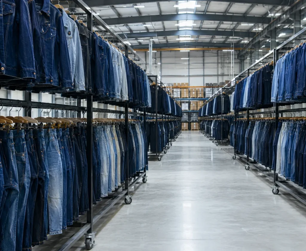 Organized denim jeans warehouse for apparel export