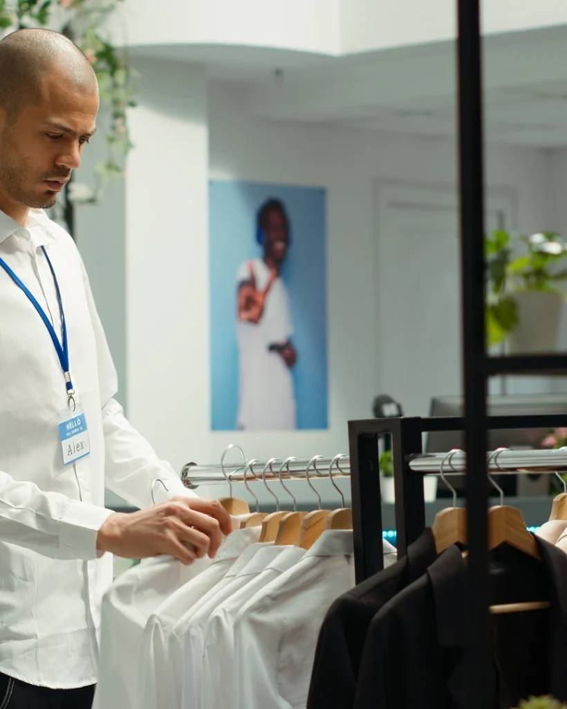 Retail buyer inspecting clothing collection