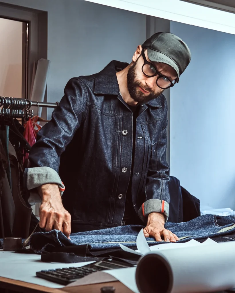 Fashion designer inspecting denim jeans