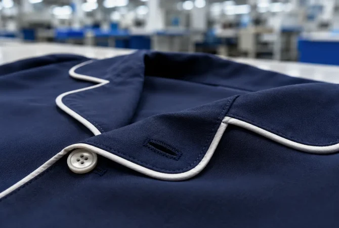 Close-up of premium navy cotton pajama shirt with white piping and button closure