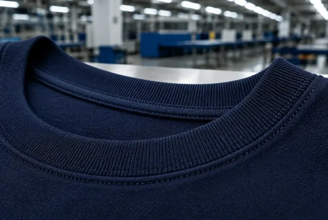 Close-up of premium cotton crew neck T-shirt with ribbed neckline and reinforced stitching