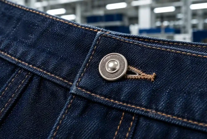 Premium dark wash denim waistband with metal button