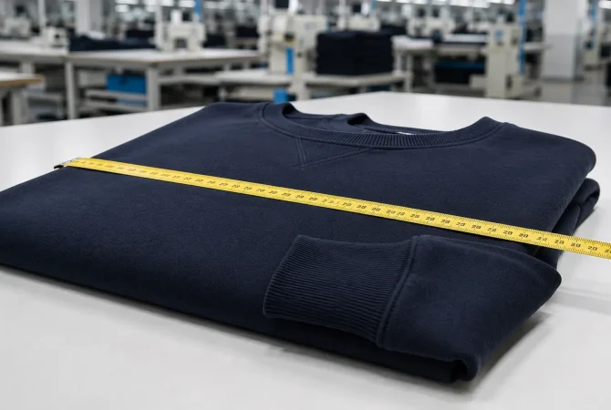 Navy crewneck sweatshirt measured for accurate sizing and quality control